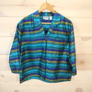 Chico's Design size 1 Womens M Turquoise Blue Raw Silk Striped Jacket Top